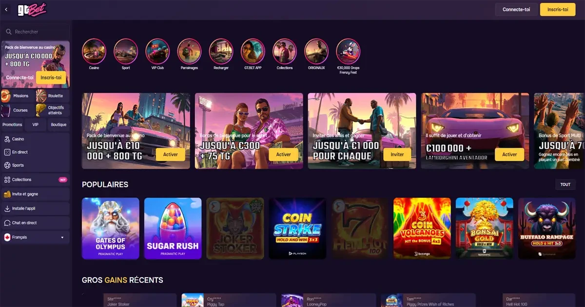 Interface de la page d&rsquo;accueil du casino en ligne GTBet avec bonus, jeux populaires et promotions