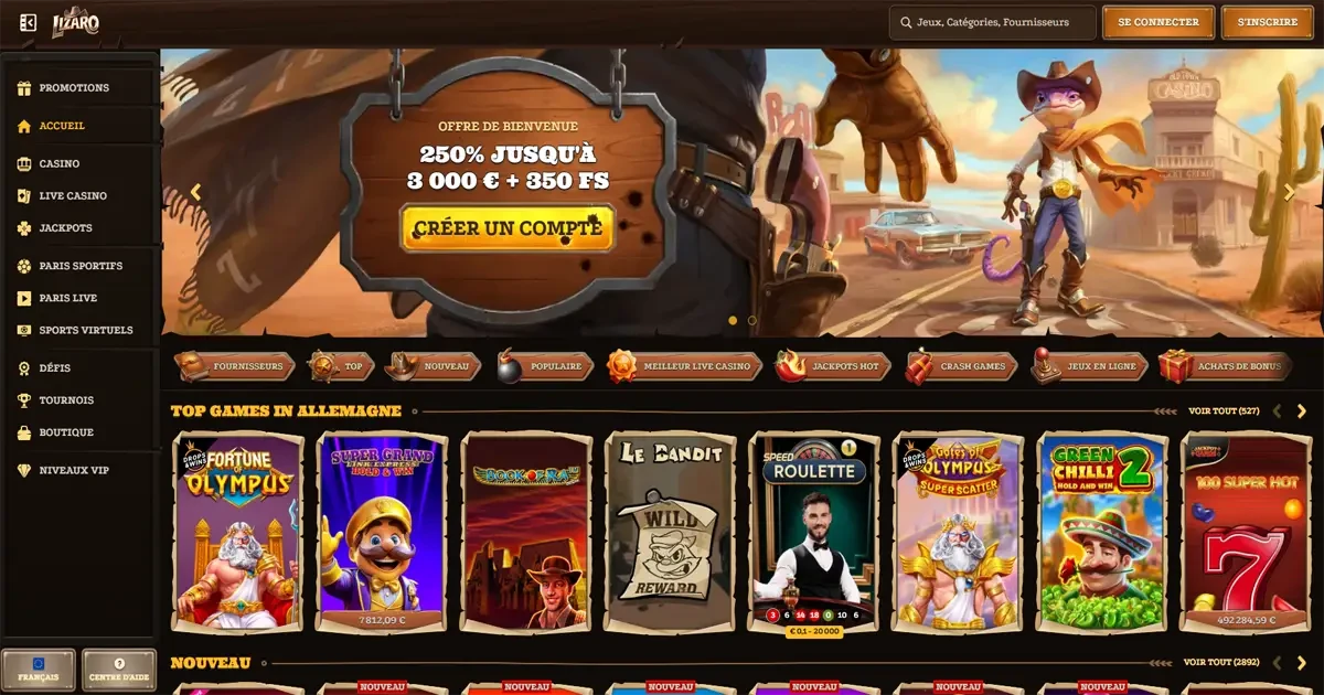 Page d'accueil du casino en ligne Lizaro casino